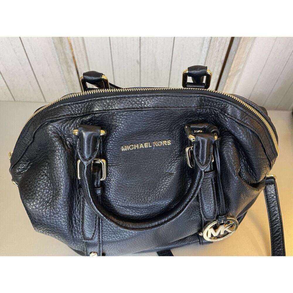 Michael Kors Bedford Bowling Medium Black Leather Satchel Bag Crossbody Strap - Picture 6 of 8